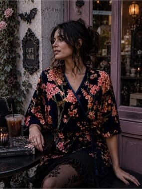Nostalgia Velvet Floral Wrap Kimono Top Cherry Blossom Pink Navy Blue Size M